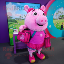 Magenta Pig mascot costume character dressed with a One-Piece Swimsuit and Backp - £955.27 GBP