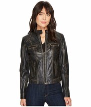 New Women Cafe Racer Moto Biker Distressed Black Vintage Real Leather Jacket - £84.44 GBP