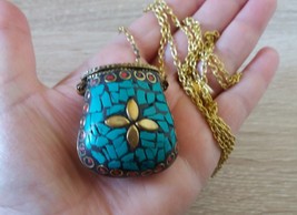 Basket Turquoise Mosaic Gemstone Pendant Necklace, Colorful Basket Necklace  - £28.91 GBP
