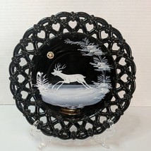 Westmoreland Black Glass Mary Gregory  Running Deer Hand painted Plate Dish - £22.38 GBP