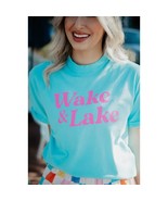 Wake and Lake Graphic Cotton Tee Lagoon Blue and Hot Pink - $580.96 MXN