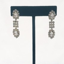 Rhinestone Dangle Drop Earrings  1 3/4&quot; Pierced Silver Tone Vintage - £31.64 GBP