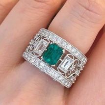 3.16 ct Emerald and Diamond Wide Engagement Band Ring 14k White Gold Over - £96.53 GBP