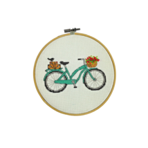 Finished Cross Stitch Green Bicycle Basket Of Flowers Suitcases Bird Hoo... - £15.05 GBP