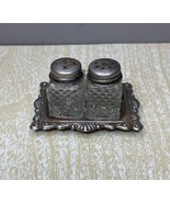 Vintage Glass and Silver Plated Salt &amp; Pepper Shaker Set with Matching Tray - £7.47 GBP