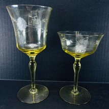 Yellow Etched Stemware Wine Champagne Glass Daisy Sunflower VTG Depression - $22.49