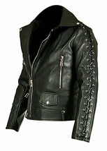 Mens Genuine black Leather leder Lacing Jacket biker Harley motorcycle - £95.92 GBP
