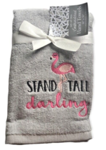 Flamingo Hand Towels Stand Tall Darling Embroidered Bathroom Set of 2 Gray Pink - £27.08 GBP