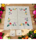 Vintage Embroidered Card Table Tablecloth + 2 Napkins Flowers leaves 33.... - $451.60 MXN
