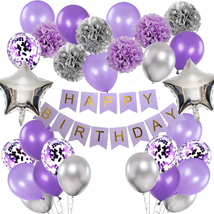 Birthday Decorations for Girls Purple and Silver Lavender Party Decor Kit for He - £11.88 GBP