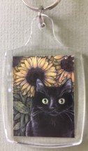 Small Cat Art Keychain - Black Cat and Sunflowers - £6.29 GBP