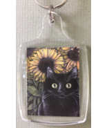 Small Cat Art Keychain - Black Cat and Sunflowers - $8.00