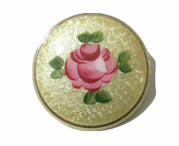 Pink Painted Rose on Yellow Guilloche Enamel Brooch Pin Round Gold Tone Vintage - £22.02 GBP