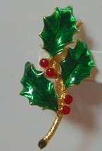 Vintage Signed AAi Christmas Holly Brooch Gold-tone Enamel - $16.82