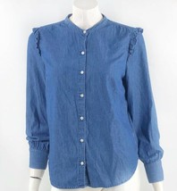Old Navy Top Size Medium Blue Chambray Ruffle Shoulder Button Up Shirt - £15.86 GBP