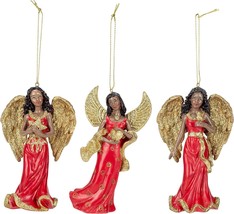 Kurt Adler Resin Red &amp; Gold African American Angel Ornaments | Set of 3 - £23.80 GBP