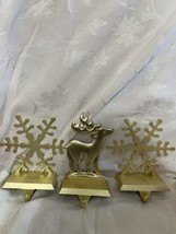 lot heavy brass Gold Snowflake and Reindeer Stocking Holders Mantle Christmas  - £43.59 GBP