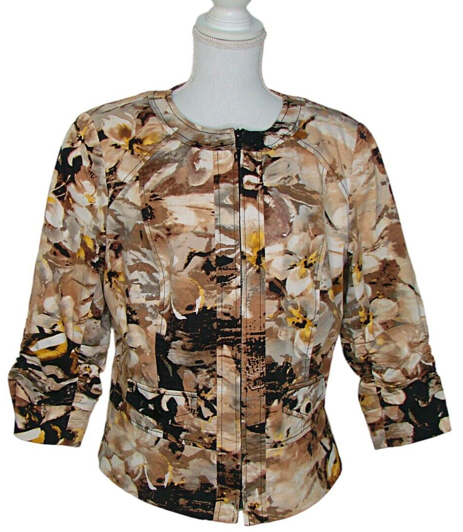 Primary image for Coldwater Creek Zip Up Jacket Blazer Sz 14 Womens Brown Floral Print Long Sleeve