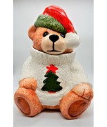 Bear Sweater Christmas Cookie Jar Pine Tree Hat Ceramic Adorable - £31.26 GBP