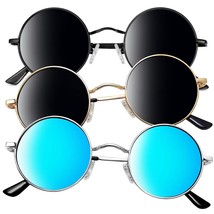 3 Pack Hippie Round Sunglasses For Men Women, Steampunk Metal Small Circle Sun G - £28.46 GBP