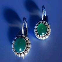 Sterling Silver 925 Deco Modernist Green Chalcedony Vintage Earrings Rev... - €240,18 EUR