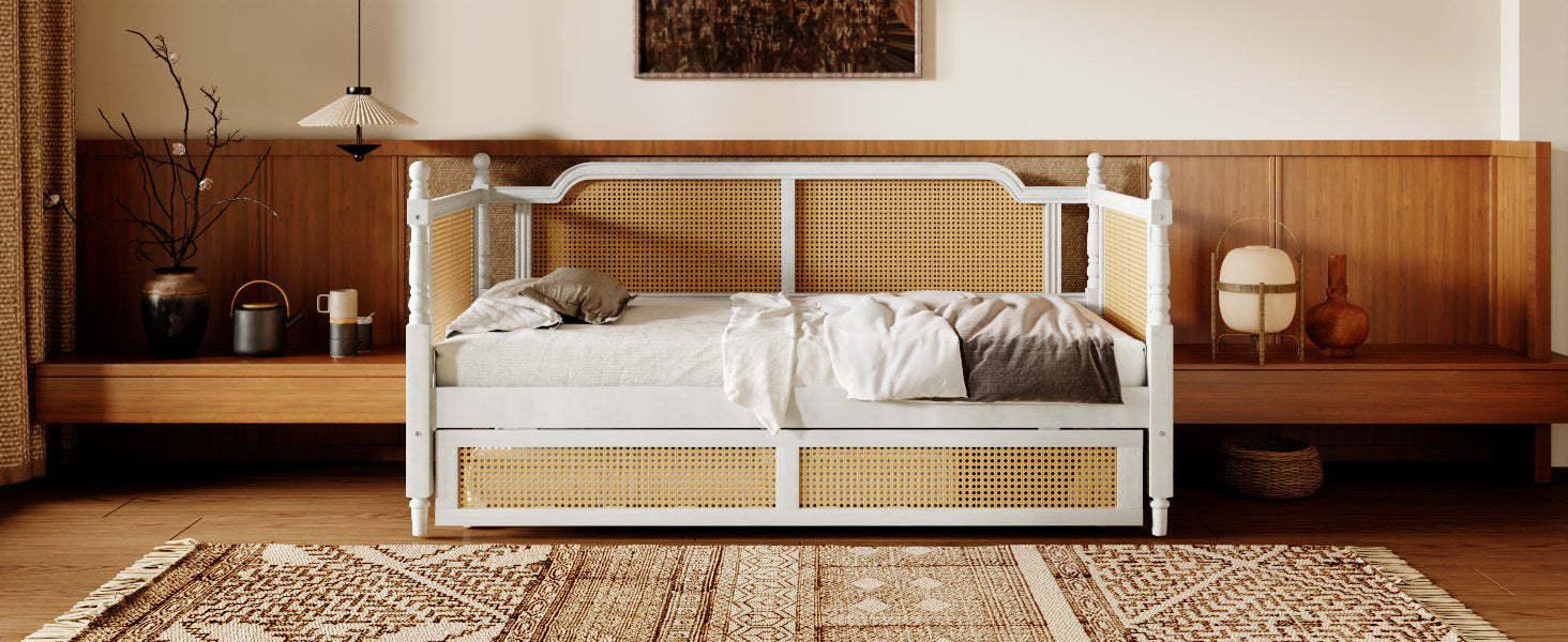 Rattan Twin Daybed with Drawers, Antique White Solid Pine Wood Item image 13