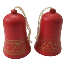 Vintage Red Mini Christmas Bells Tree Ornaments Wooden with Gold Trim Set of 2 - £8.38 GBP