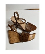 BCBG Brown Leather Laser-Cut Wedge Sandals with Cork Platform 7 1/2 Summer Shoes - $25.36 CAD