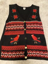 Holiday Editions Christmas Sweater Vest Medium Cardinals Poinsettias Buttons Emb - £13.44 GBP