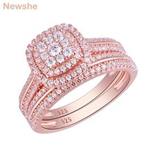 Double Halo Rose Gold 925 Silver Engagement Ring Bridal Set for Women AAAAA Cubi - £56.54 GBP