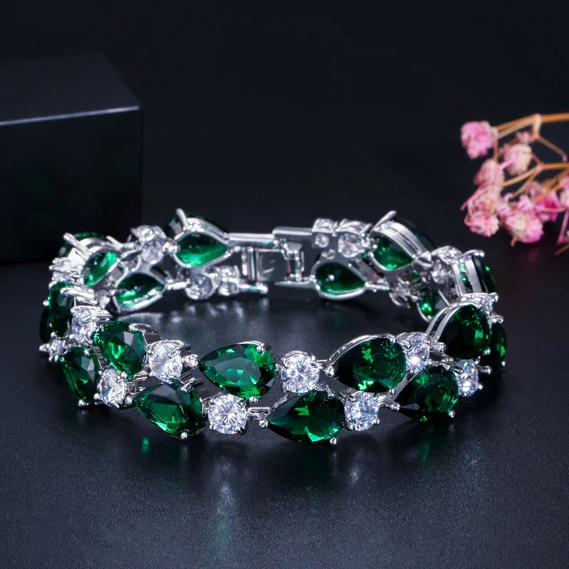 Luxury CZ Green Cubic Zirconia Stone Large Women Charm Bangle Bracelets Bridal J - £26.69 GBP