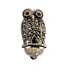 Vintage Sterling silver and Marcasite Owl brooch with red garnet eyes - £74.89 GBP