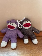 Lot of Small Brown & Purple Knit Sock Monkey Stuffed Animal Backpack Decoration - $11.29