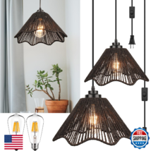 tebio Rattan Plug-in Pendant Light Set of 2, 12"x6" Boho Hanging Lamp w/... - $68.91