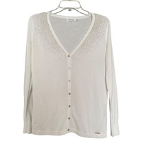 Calvin Klein Womens Sweater S White Knit Cardigan Gold Studded Vneck Lon... - $17.51