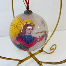 Christmas Ornament Glass With Angel Joy Copper Top Round Vintage - $24.75