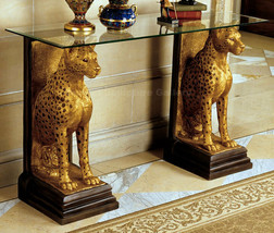 Egyptian Pharaoh Cheetahs Sculpture Furniture Console with Glass top 55&quot; - £948.66 GBP