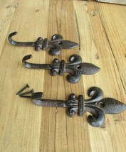 3 Cast Iron Fleur De Lis Coat Hooks Hook Hall Tree Hat Dog Leash Fluer F... - $13.99