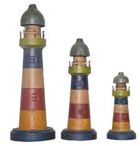 New Hand Carved Lighthouse 3 PC Color Design Wood Carving Nautical Statue Kitche - $54.39
