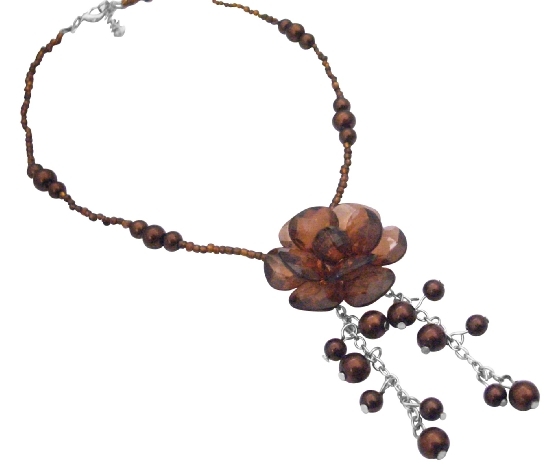 Smoked Topaz Brown Wedding Bridesmaid Brown Beads Pearl Necklace - $9.48