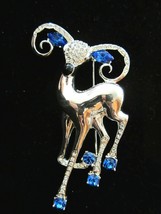 Vintage EISENBERG ICE Silver Reindeer Pin Brooch Crystal &amp; Sapphire Rhin... - £137.10 GBP