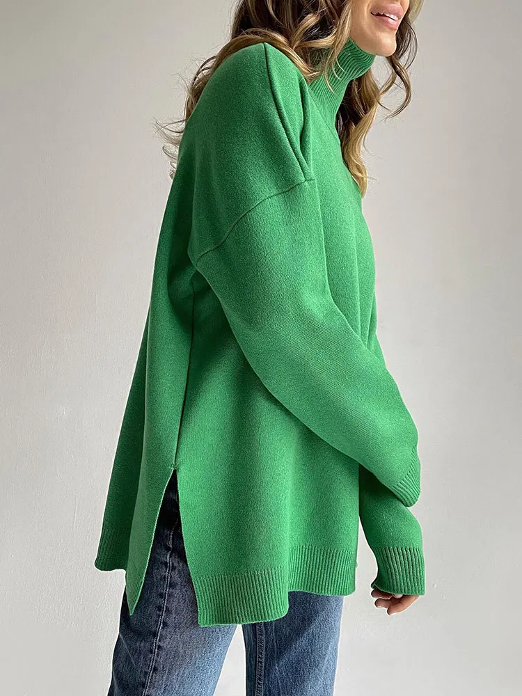 Side Split Warm neck Pullover  Women Oversize Winter Top Soft Basic Green Oversi - £129.25 GBP