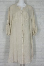 TEMPO PARIS Linen Gauze Shirt Dress Sequin Rounded Hem Pockets Beige M/L... - $89.09