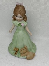 VTG 1982 Enesco Figurine Growing Up Birthday Girl Age 7 Brunette Green Dress - $11.59