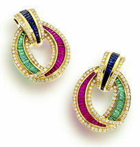 3.72ct Diamond Baguette Ruby Sapphire Emerald 14K Yellow Over Gold Stud Earring - £91.83 GBP