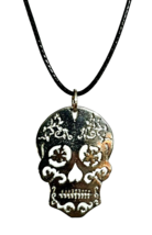 Day of the Dead Skull Necklace Pendant Mexican Festival Chromed Metal Tie Cord - £4.01 GBP