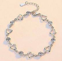 Crystal Heart Linked Charm Bracelet 925 Sterling Silver Womens Jewellery Gift UK - £12.86 GBP
