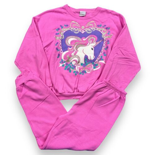 Primary image for Vtg 90s Pink Unicorn Sweatshirt Pant Set Youth Girls Sz 14 New Floral Heart