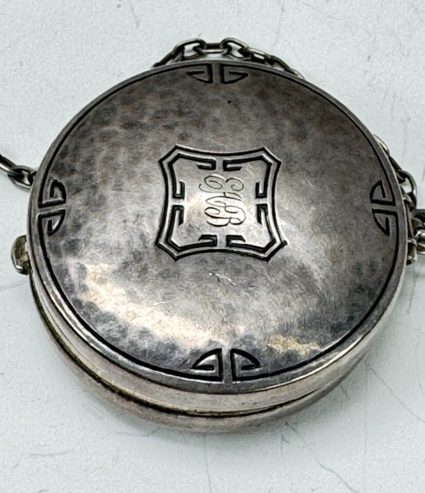 Antique Hand Hammered Sterling Silver Chatelaine Pill Box 4” Chain & Ring c1920s Item image 5
