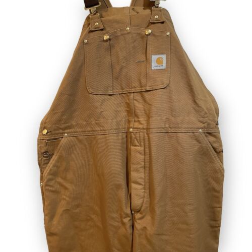 Vtg Carhartt R02 Brown Quilt Lined Duck Bib Overalls Made in USA Worn